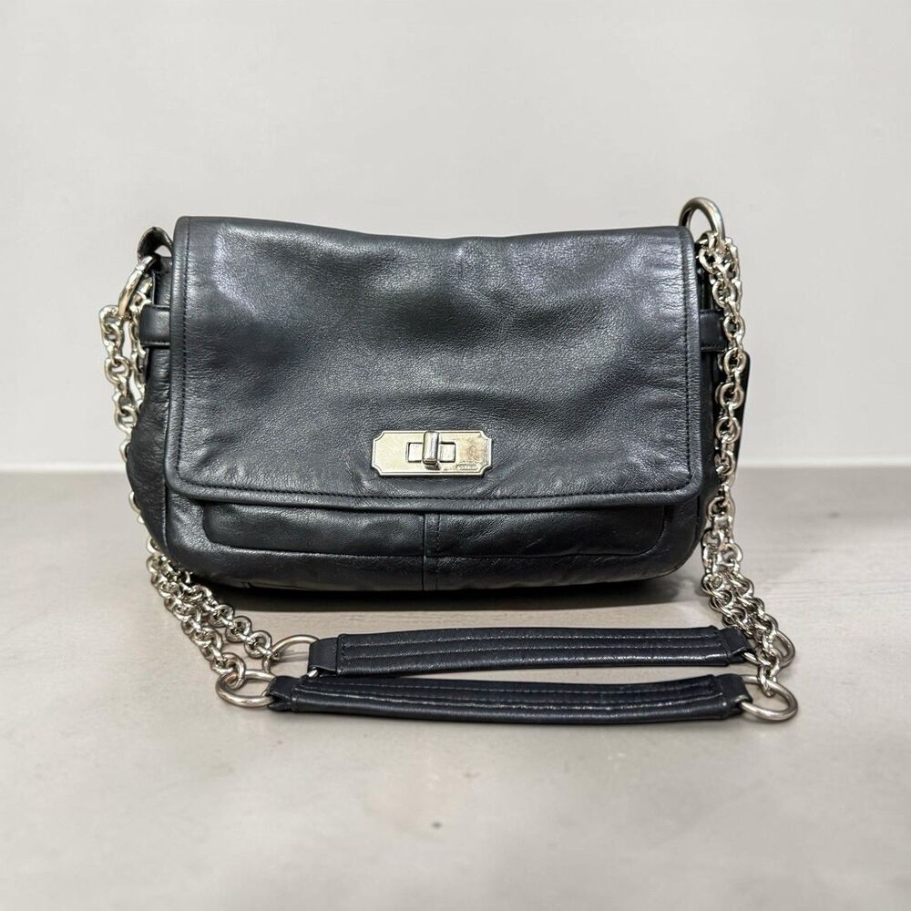 Coach Chelsea 17825 Black Leather Turnlock Chain Flap Bag Y2K Shoulder Crossbody